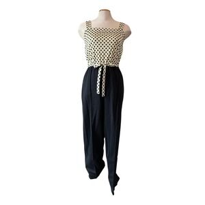 90s Vintage Sears Place de la Mode Polka Dot Jumpsuit Black Cream Wide Leg Retro
